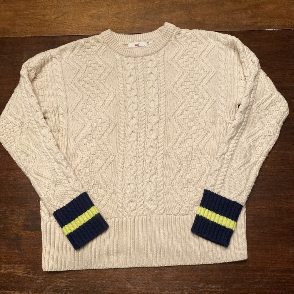 Vineyard Vines Fisherman Sweater Women's XS Ivory/Cream‎ Navy & Green Cuffs Wool